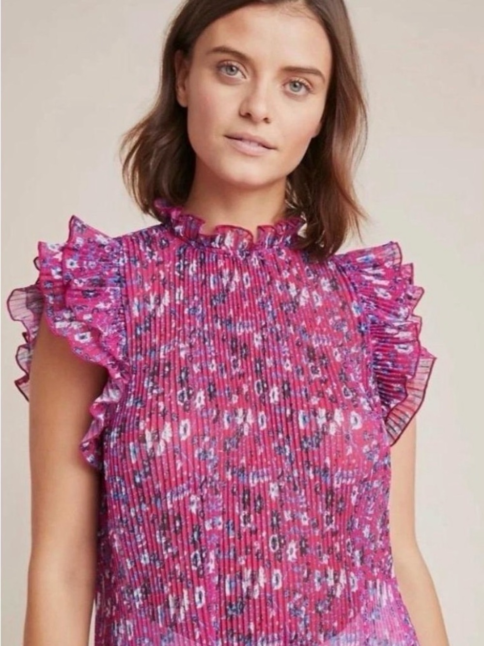 Anthropologie Pink and Blue Floral Ruffle Neck Blouse Size S